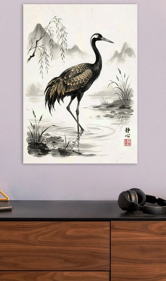 Crane in a serene Japanese landscape — metal poster wall art by Lineer